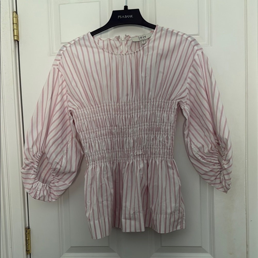 Joie Pink & White Striped Smocked Peplum Blouse